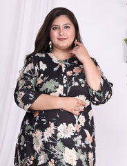 Plus Size Black Cotton Floral Print Straight Kurta-100004