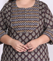 Plus Size Brown Cotton Floral Print Straight Kurta-100005