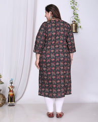Plus Size Black Cotton Floral Print Straight Kurta-100014