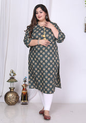 Plus Size Green Cotton Floral Print Straight Kurta-100015