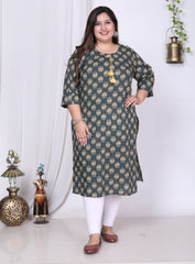 Plus Size Green Cotton Floral Print Straight Kurta-100015