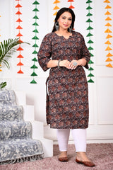 Plus Size Brown Cotton Floral Print Straight Kurta-100017
