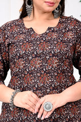 Plus Size Brown Cotton Floral Print Straight Kurta-100017