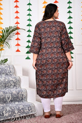 Plus Size Brown Cotton Floral Print Straight Kurta-100017