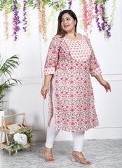 Plus Size Off White Cotton Floral Print Straight Kurta-100018