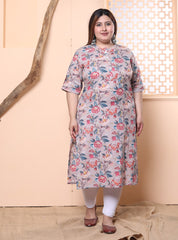 Plus Size Grey Cotton Floral Print Straight Kurta-100019