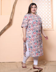 Plus Size Grey Cotton Floral Print Straight Kurta-100019