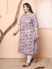 Plus Size Grey Cotton Floral Print Straight Kurta-100019