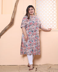 Plus Size Grey Cotton Floral Print Straight Kurta-100019
