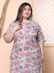 Plus Size Grey Cotton Floral Print Straight Kurta-100019