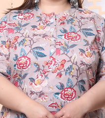 Plus Size Grey Cotton Floral Print Straight Kurta-100019