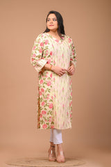 Plus Size Yellow Cotton Floral Print Straight Kurta-100023