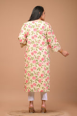 Plus Size Yellow Cotton Floral Print Straight Kurta-100023