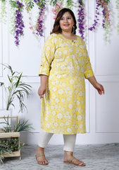Plus Size Yellow Cotton Floral Print Straight Kurta-100025