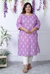 Plus Size Purple Cotton Floral Print Straight Kurta-100026