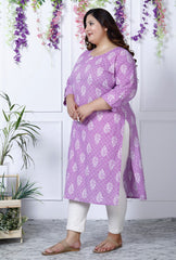 Plus Size Purple Cotton Floral Print Straight Kurta-100026