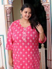 Plus Size Pink Cotton Floral Print Straight Kurta-100027