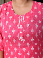 Plus Size Pink Cotton Floral Print Straight Kurta-100027
