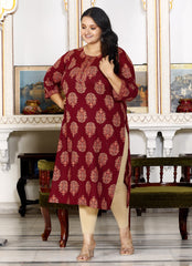 Plus Size Brown Cotton Floral Print Straight Kurta-100029