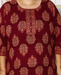 Plus Size Brown Cotton Floral Print Straight Kurta-100029