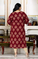 Plus Size Brown Cotton Floral Print Straight Kurta-100029