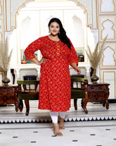 Plus Size Red Cotton  Bandhani Print Straight Kurta-100030