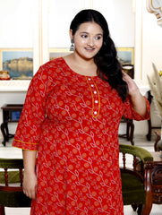 Plus Size Red Cotton  Bandhani Print Straight Kurta-100030