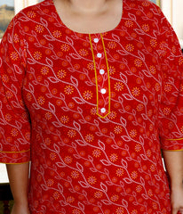 Plus Size Red Cotton  Bandhani Print Straight Kurta-100030