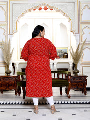 Plus Size Red Cotton  Bandhani Print Straight Kurta-100030