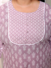 Plus Size Purple Cotton Floral Print Straight Kurta-100036