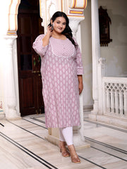 Plus Size Purple Cotton Floral Print Straight Kurta-100036