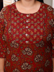 Plus Size Rust Cotton Floral Print Straight Kurta-100037