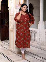 Plus Size Rust Cotton Floral Print Straight Kurta-100037