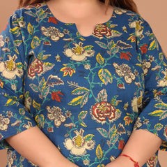 Plus Size Blue Cotton Floral Print Straight Kurta-100039