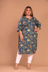 Plus Size Blue Cotton Floral Print Straight Kurta-100039