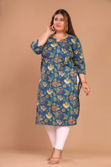 Plus Size Blue Cotton Floral Print Straight Kurta-100039
