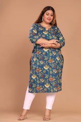 Plus Size Blue Cotton Floral Print Straight Kurta-100039