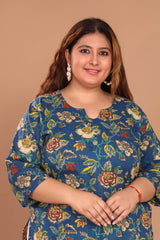 Plus Size Blue Cotton Floral Print Straight Kurta-100039