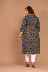 Plus Size Blue Cotton Floral Print Straight Kurta-100041
