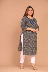 Plus Size Blue Cotton Floral Print Straight Kurta-100041