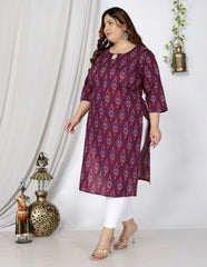 Plus Size Purple Cotton Floral Print Straight Kurta-100043