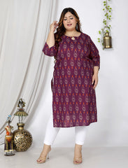 Plus Size Purple Cotton Floral Print Straight Kurta-100043