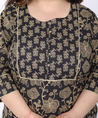 Plus Size Black Cotton Floral Print Straight Kurta-100045