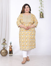 Plus Size Yellow Cotton Floral Print Straight Kurta-100046