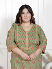 Plus Size Green Cotton Block Print Straight Kurta-100049