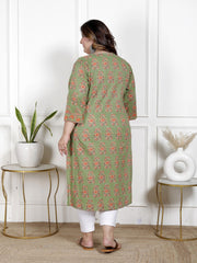 Plus Size Green Cotton Block Print Straight Kurta-100049