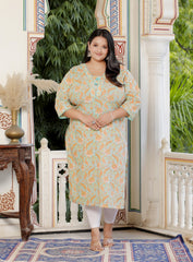 Plus Size Green Cotton  Floral Print Straight Kurta-100054