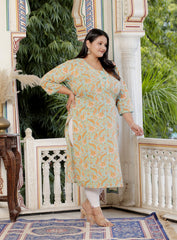 Plus Size Green Cotton  Floral Print Straight Kurta-100054