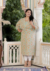 Plus Size Green Cotton  Floral Print Straight Kurta-100054