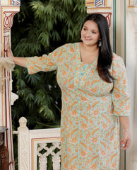 Plus Size Green Cotton  Floral Print Straight Kurta-100054